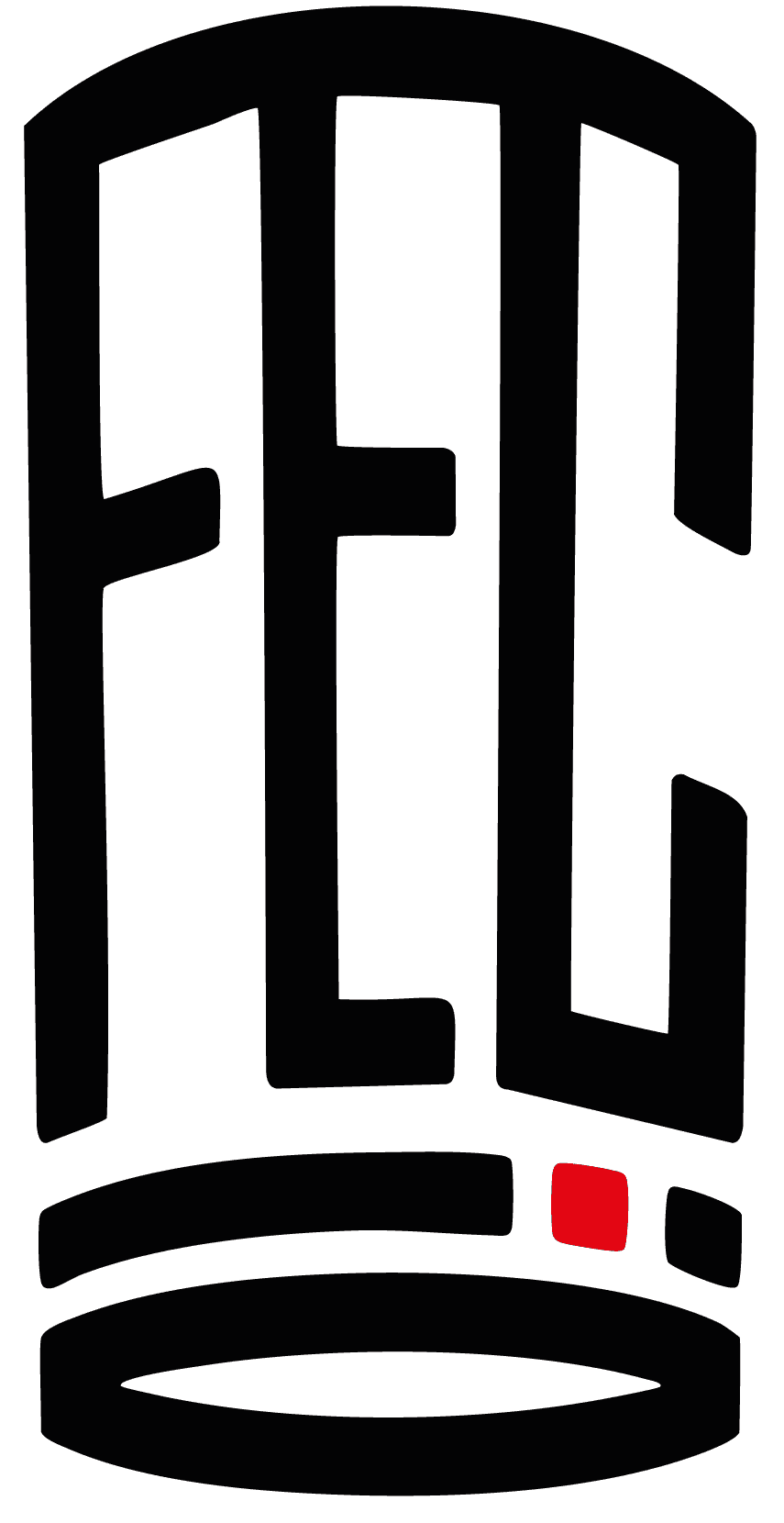 Logotipo de FEC en negro sobre fondo blanco, diseñado con líneas verticales que forman una estructura cilíndrica arquitectónica, con un pequeño cuadrado rojo como detalle decorativo en la parte inferior.