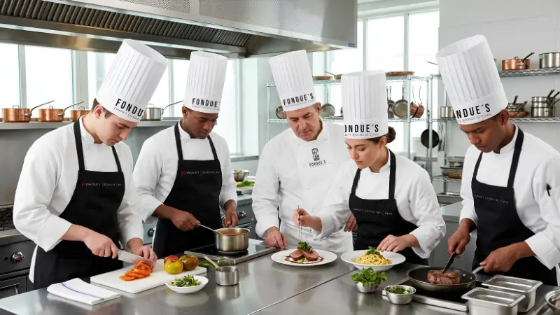 Cinco cocineros profesionales trabajando en una cocina de alta gama bien equipada, cortando tomates, cocinando pastas y emplatando cortes de carne.