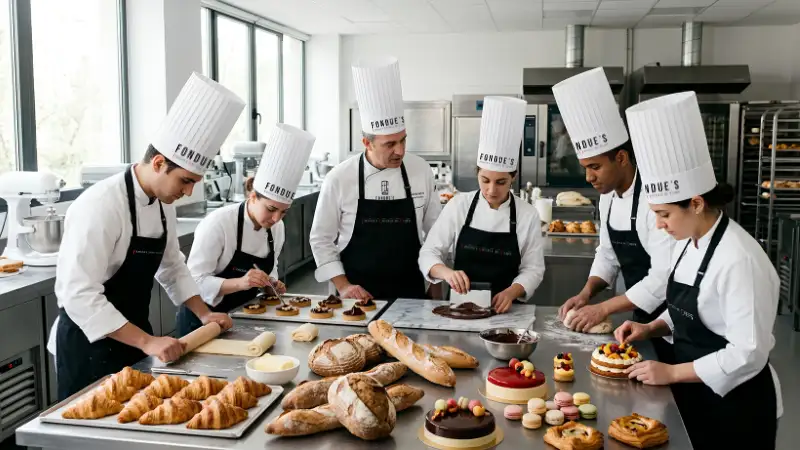 Grupo de panaderos y pasteleros en un taller profesional decorando pasteles, estirando masas y rodeados de croissants, panes artesanales y postres recién horneados.